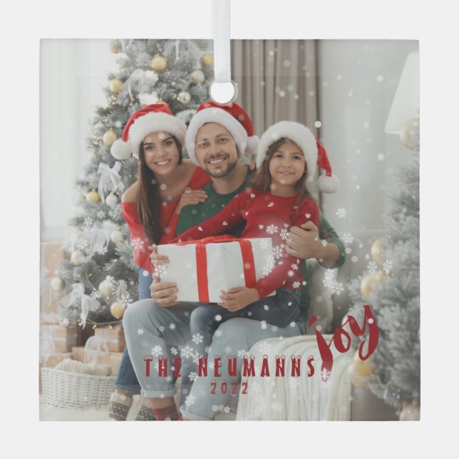 Snowflakes Joyful Holiday Family Photo   Glass Ornament (Front)