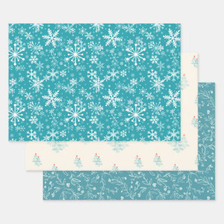 Snowflakes, leaves, buds, trees, teal, Christmas Wrapping Paper Sheet