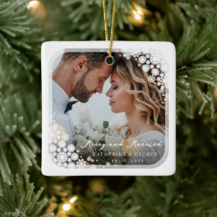 Snowflakes Love Peace Joy Kisses Photo Wedding Ceramic Ornament