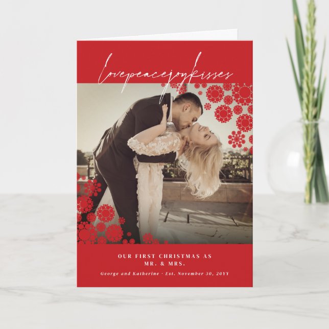 Snowflakes Love Peace Joy Kisses Photo Wedding Holiday Card (Front)