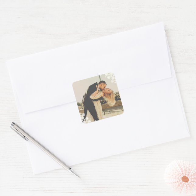Snowflakes Love Peace Joy Kisses Photo Wedding Square Sticker (Envelope)