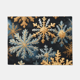Snowflakes Magic Christmas Black Gold Blue Doormat