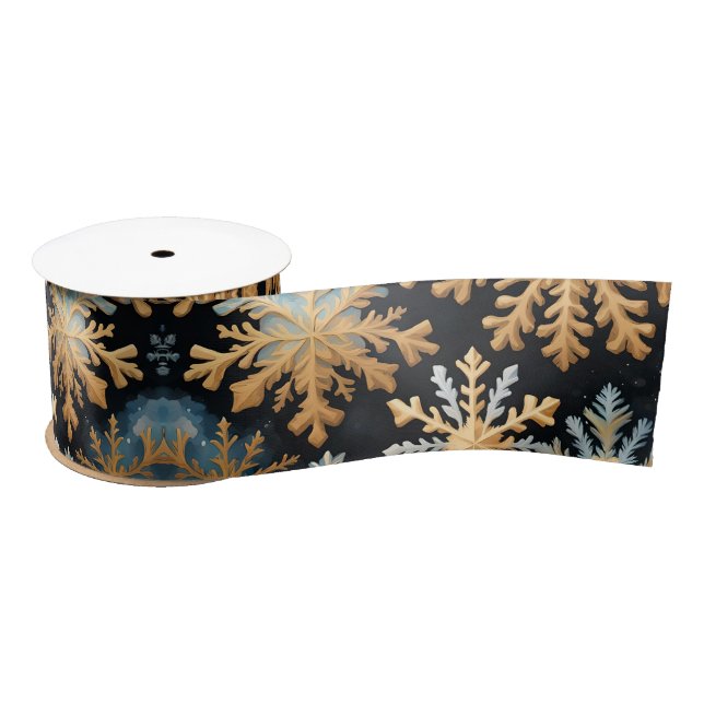  Snowflakes Magic Christmas Black Gold Blue Satin Ribbon (Spool)