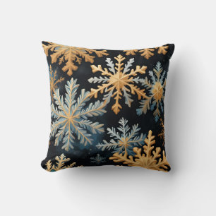 Snowflakes Magic Christmas Black Gold Blue Throw Pillow