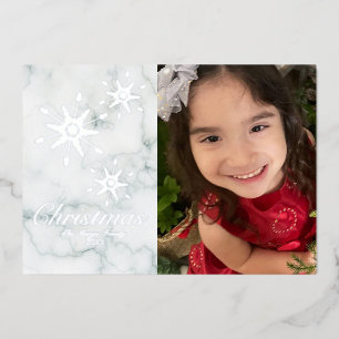 Snowflakes Marble Merry Christmas Photo Pressed Foil Holiday Card
