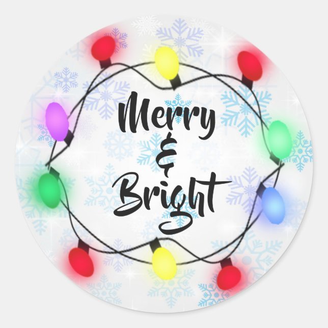 Snowflakes "Merry & Bright" Holiday Christmas Classic Round Sticker (Front)