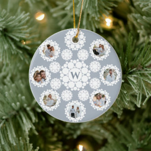 Snowflakes Monogram Married 1st Christmas 8 Photo Ceramic Ornament