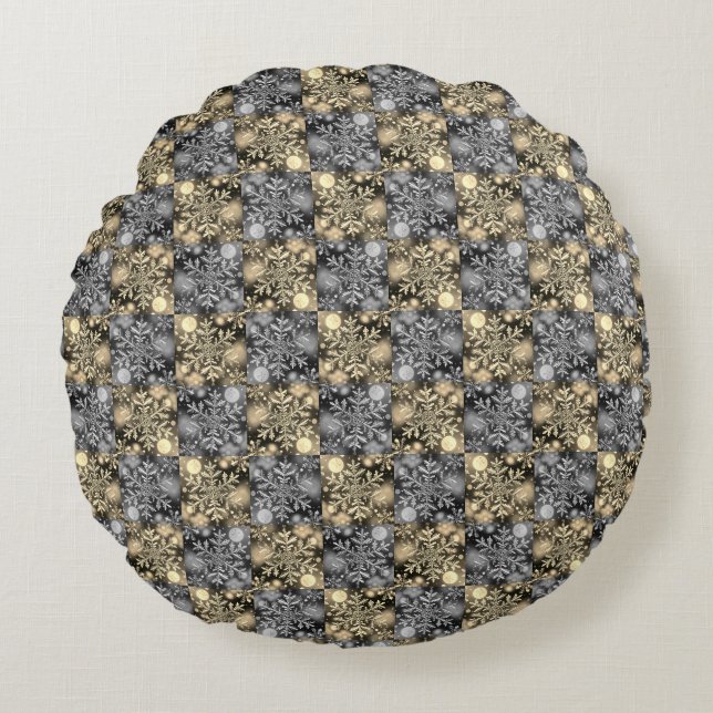 Snowflakes / Moon / Silver - Gold / Round Pillow (Front)