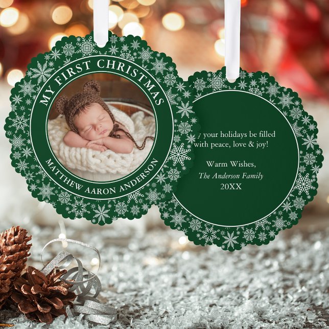 Snowflakes My First Christmas Photo Green Ornament Card (A greeting card that is also an ornament! Customize with your photo and personalized text.)