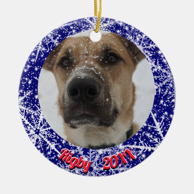 Snowflakes, name, Year's #, 2 Photos Ceramic Ornament (Front)