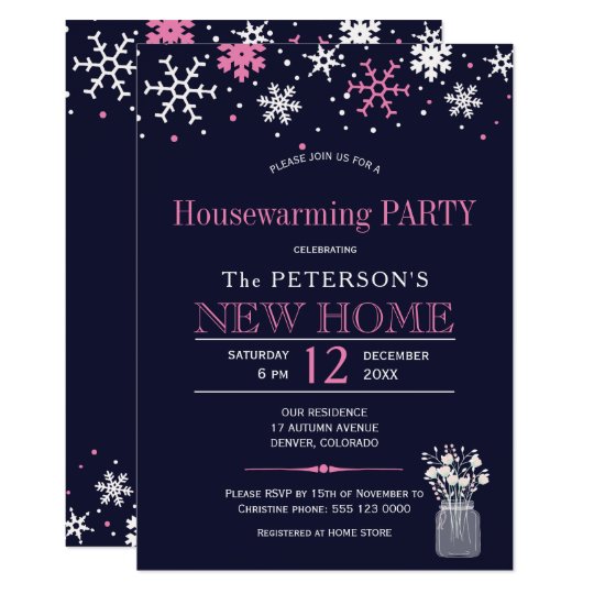 Snowflakes navy pink winter housewarming party card