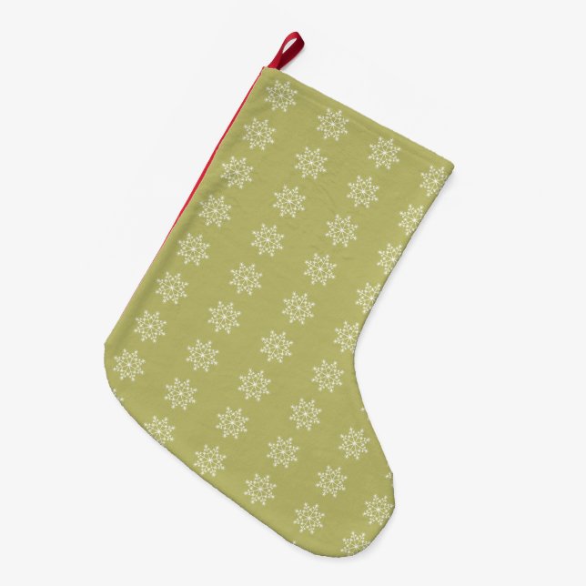 Snowflakes Olive Green Xmas Holidays Christmas Large Christmas Stocking (Front (Hanging))