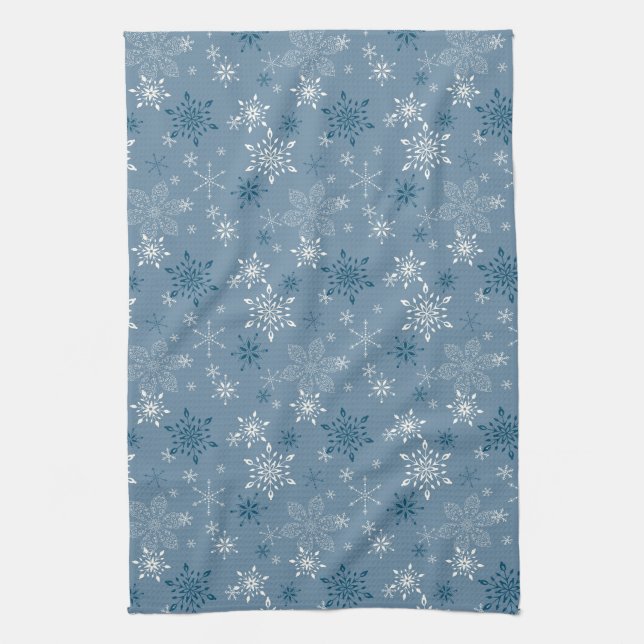 Snowflakes on a blue background kitchen towel (Vertical)