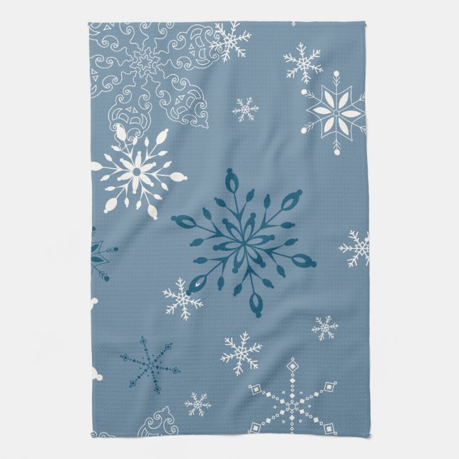 Snowflakes on a blue background kitchen towel (Vertical)