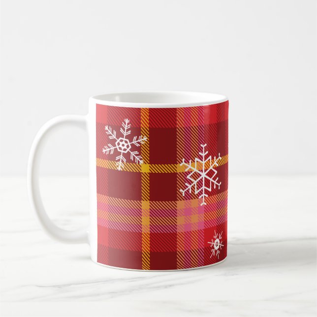 Snowflakes on a Christmas Plaid Coffee Mug (Left)