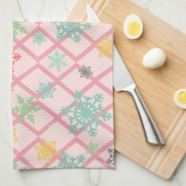 Snowflakes on a pink background with trellis kitchen towel (Quarter Fold)