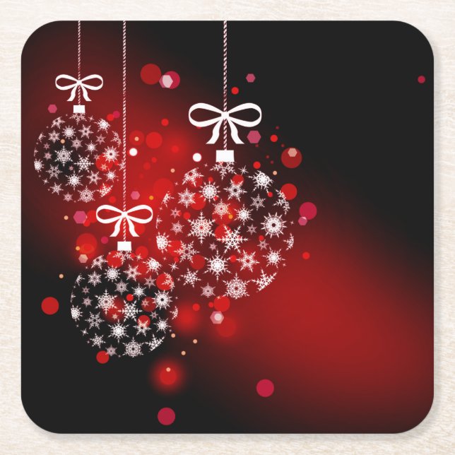 Snowflakes on a red and black background. square paper coaster (Front)