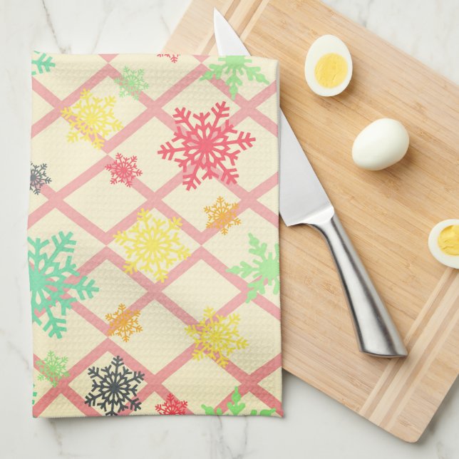 Snowflakes on a yellow background with trellis kitchen towel (Quarter Fold)