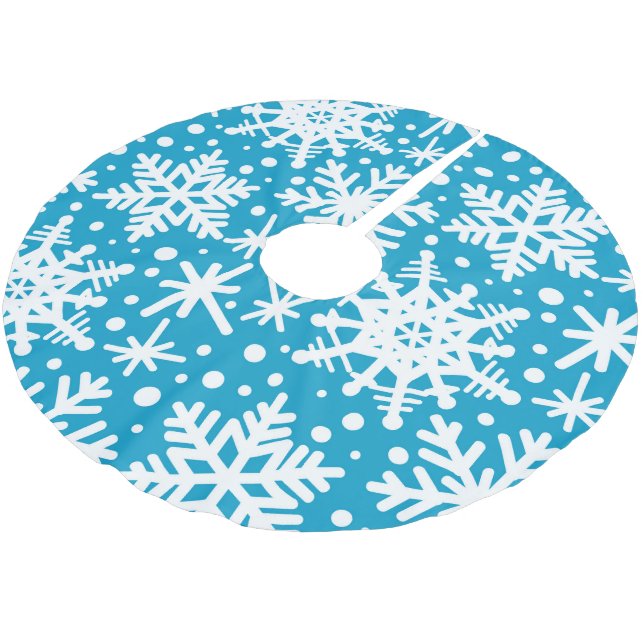 Snowflakes On Aqua Blue Brushed Polyester Tree Skirt (Angled)