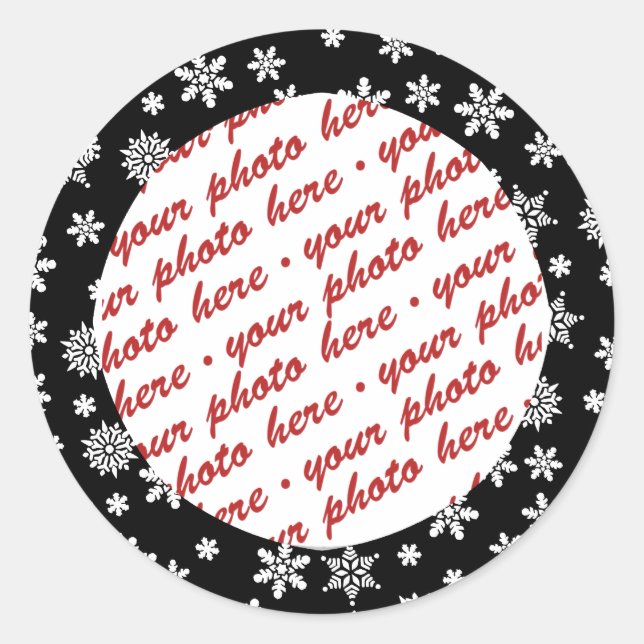 Snowflakes on Black Background Photo Frame Classic Round Sticker (Front)