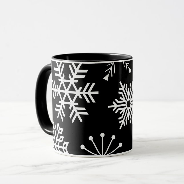 Snowflakes on Black Holiday Art Mug Cup (Front Left)