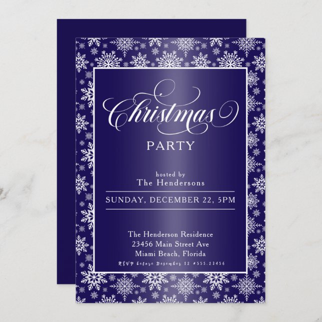 Snowflakes on Blue Christmas Party Invitation (Front/Back)