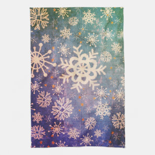Snowflakes on Blue Denim Tie-dye Kitchen Towel
