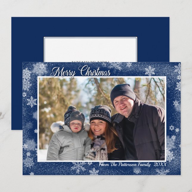 Snowflakes on Blue Merry Christmas Photo Card (Front/Back)
