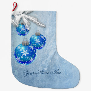 Snowflakes on Blue Ornaments Frost Large Christmas Stocking