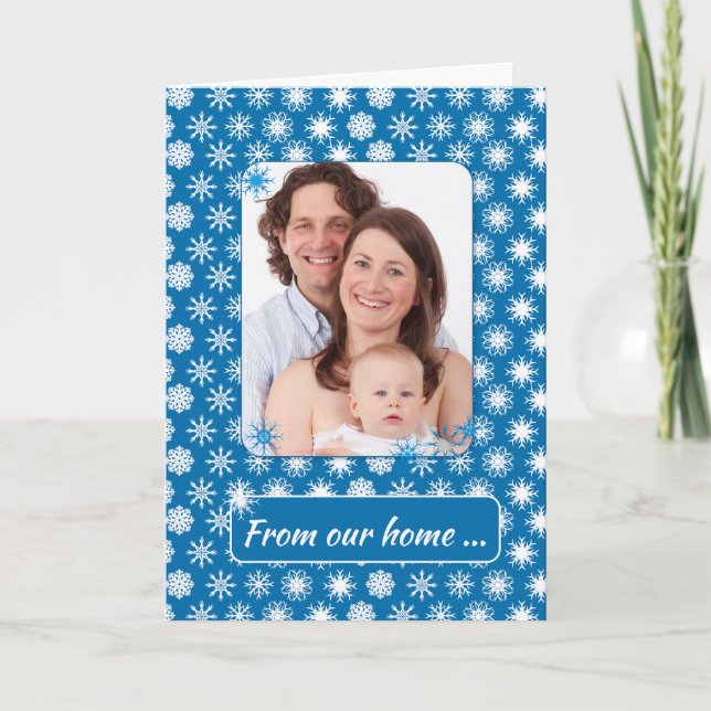 Snowflakes on Blue, Photo Holiday from Our Home Card (Front)