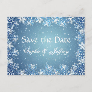 Snowflakes on blue wedding Save the date Postcard