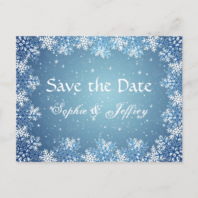 Snowflakes on blue wedding Save the date Postcard (Front)