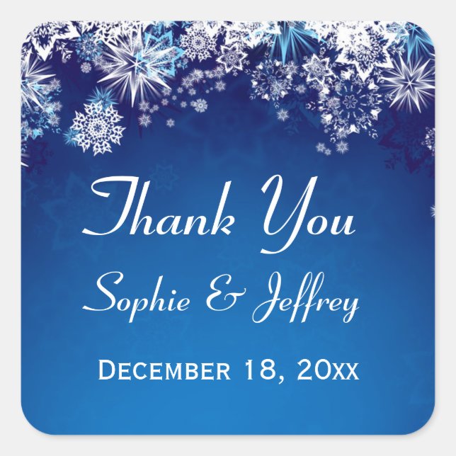 Snowflakes on blue Wedding Thank You Square Sticker (Front)
