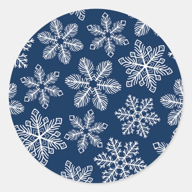 Snowflakes on dark blue classic round sticker (Front)