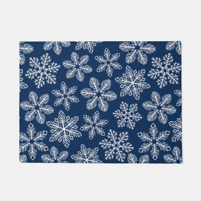 Snowflakes on dark blue doormat (Front)