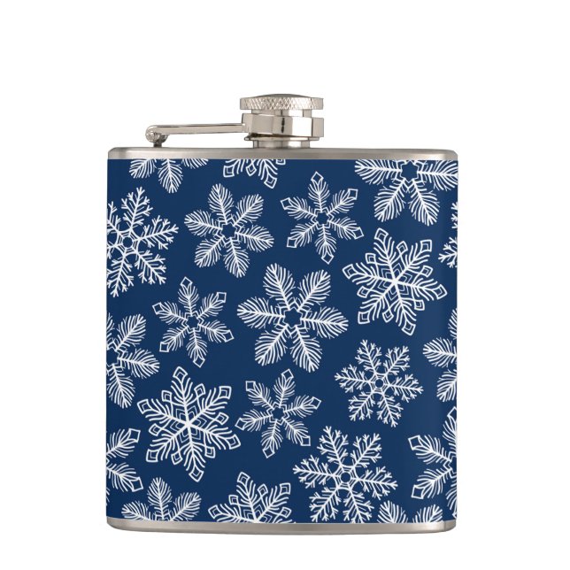 Snowflakes on dark blue hip flask (Front)