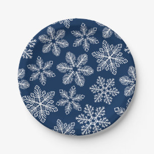 Snowflakes on dark blue paper plate