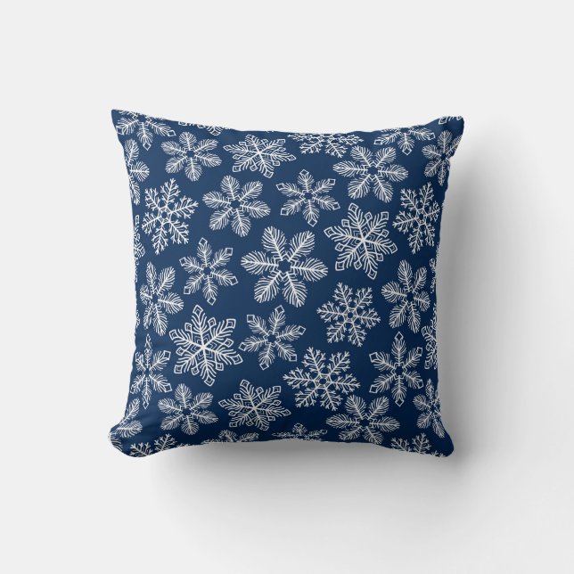 Snowflakes on dark blue throw pillow (Front)