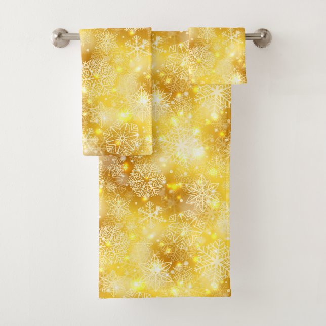 Snowflakes on golden bath towel set (Insitu)