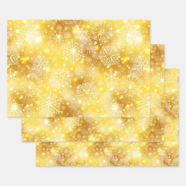 Snowflakes on golden wrapping paper sheet (Set)