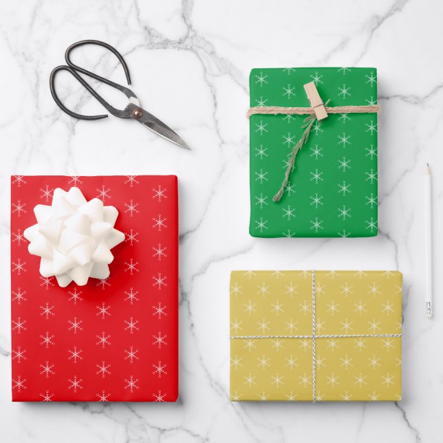 Snowflakes on Green, Golden and Red Wrapping Paper Sheet (Front)