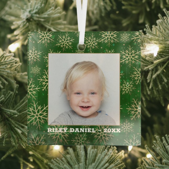 Snowflakes on Green Photo Glass Ornament (Insitu)