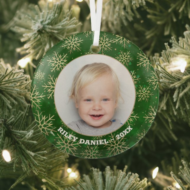 Snowflakes on Green Photo Glass Ornament (Insitu)