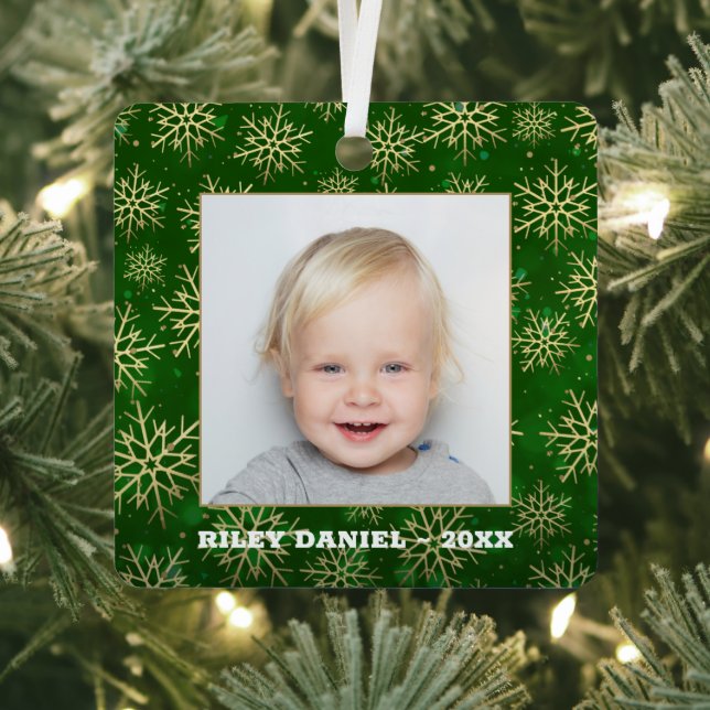 Snowflakes on Green Photo Metal Ornament (Insitu)