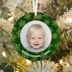 Snowflakes on Green Photo Metal Ornament