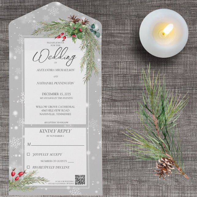 Snowflakes on Grey with Pine Branches QR Code  All In One Invitation (Creator Uploaded)