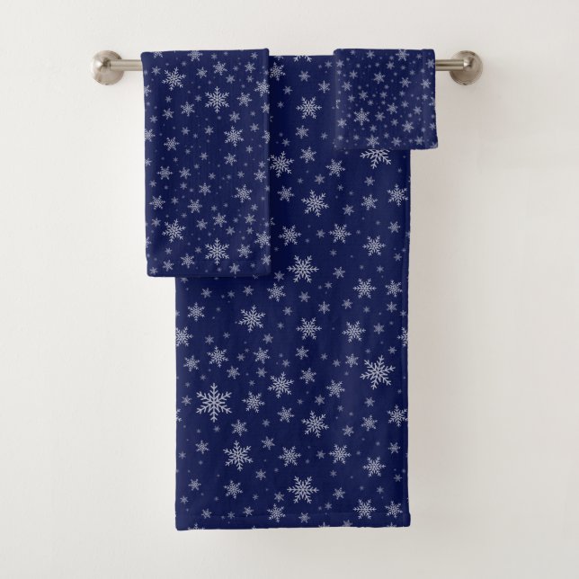 Snowflakes on Navy Blue Bath Towel Set (Insitu)