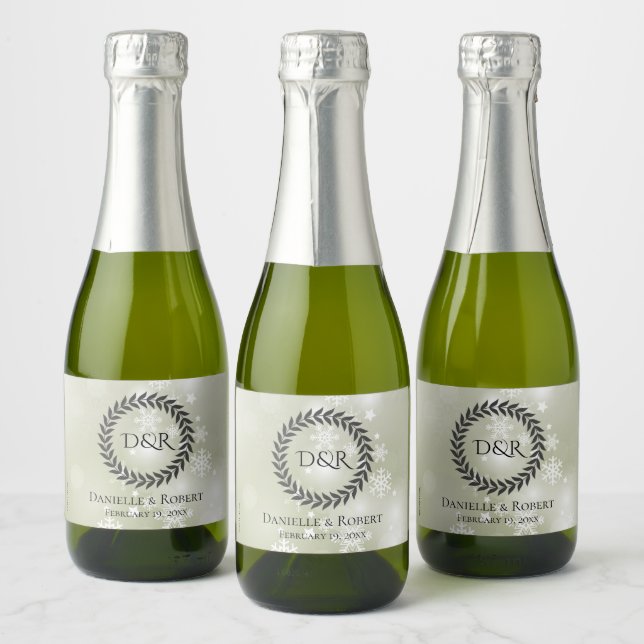 Snowflakes on Pale Sage Green Mini Sparkling Wine Label (Bottles)