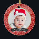 Snowflakes on Red 1st Christmas Photo Ornament<br><div class="desc">Delicate white snowflakes over a red background.  Circle photo in the middle framed in gold.  Easy to customize to create a special keepsake of Baby's 1st Christmas!  Please replace the template photo prior to purchasing.</div>