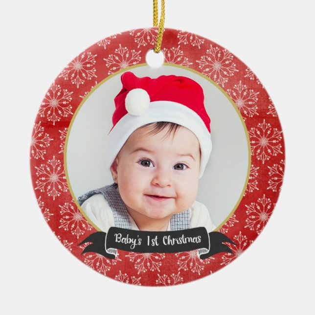 Snowflakes on Red 1st Christmas Photo Ornament (Front)